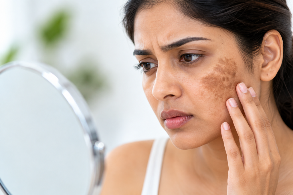 Dark patches on face caused by facial hyperpigmentation and pigmentation concerns
