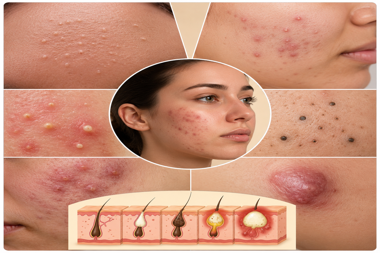 Different types of acne including blackheads, whiteheads, papules, pustules, nodules, and cystic acne with treatment options.