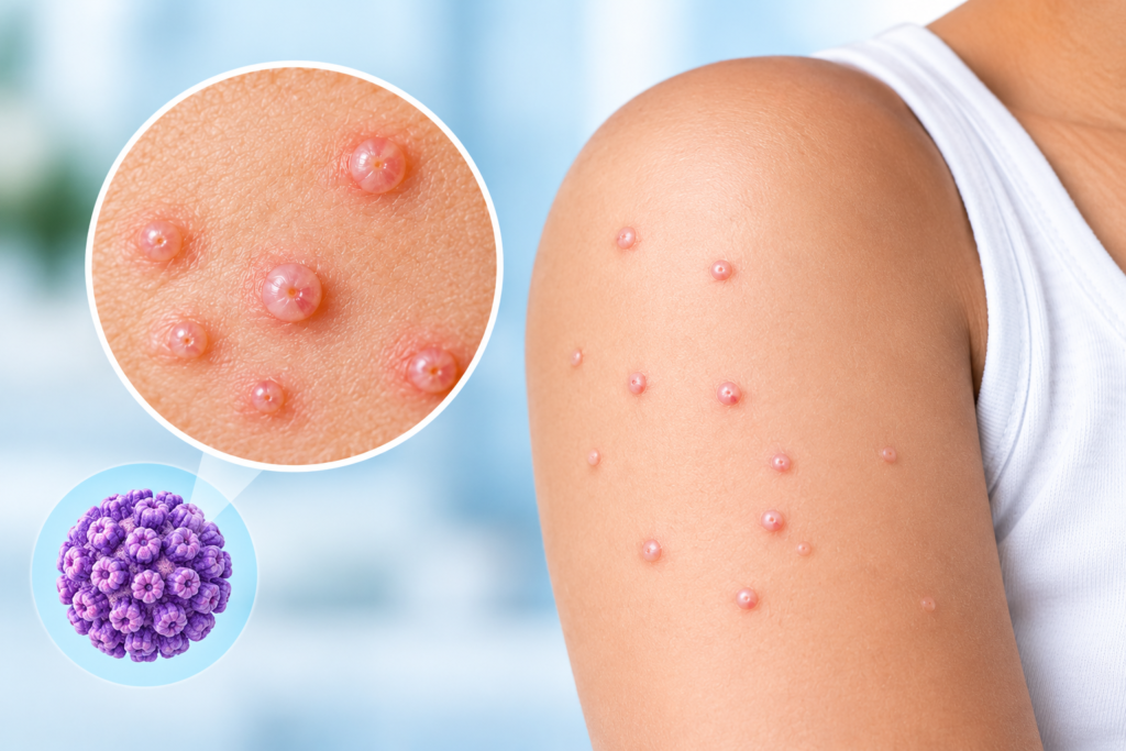 Molluscum contagiosum skin bumps with close-up view of affected skin.