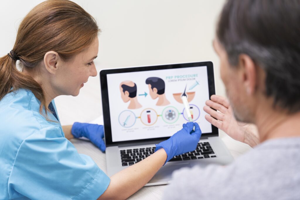 Man and woman undergoing GFC therapy for hair fall treatment at a modern hair clinic.